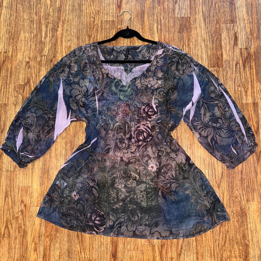 Vintage Y2K Long Sleeve Tunic Top Sheer Floral Rhinestone L Forest Fairy Grunge